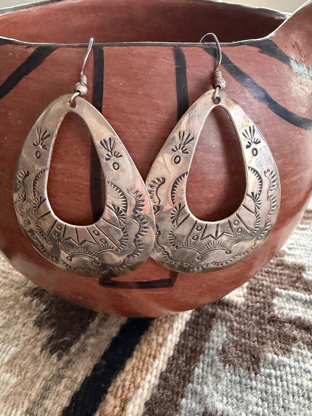 Vintage Native Navajo Handmade Stamped Sterling Silver French Hook Earrings